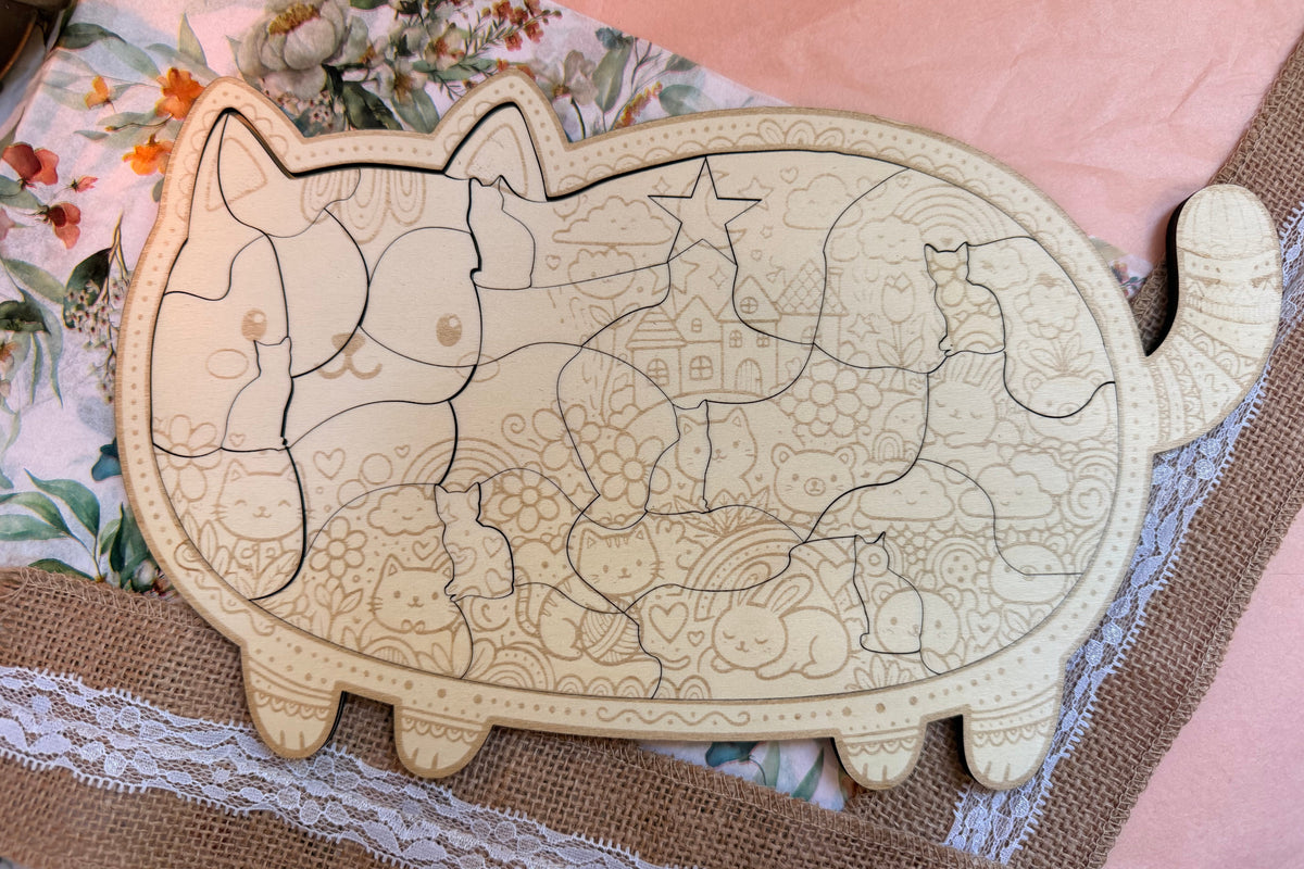 Puzzle Chat en Bois de Tilleul Gravé - Casse-tête Kawaii Décoratif 30 Pièces