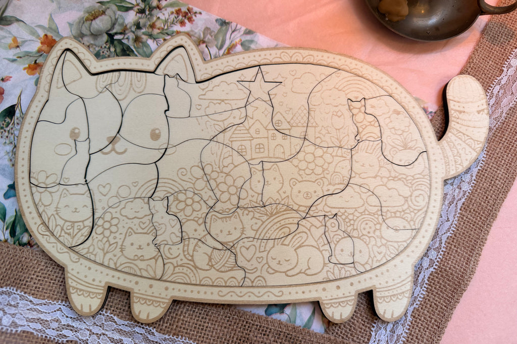 Puzzle Chat en Bois de Tilleul Gravé - Casse-tête Kawaii Décoratif 30 Pièces
