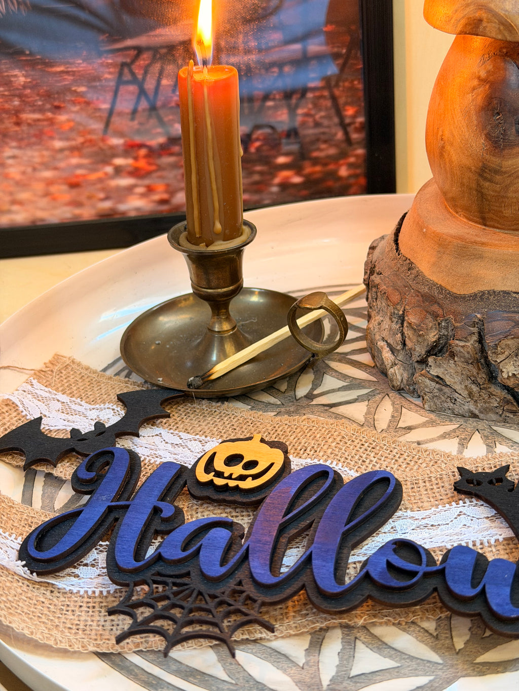 Plaque Décorative "Halloween" en Bois Peint Violet & orange- Citrouilles, Chat & Araignée