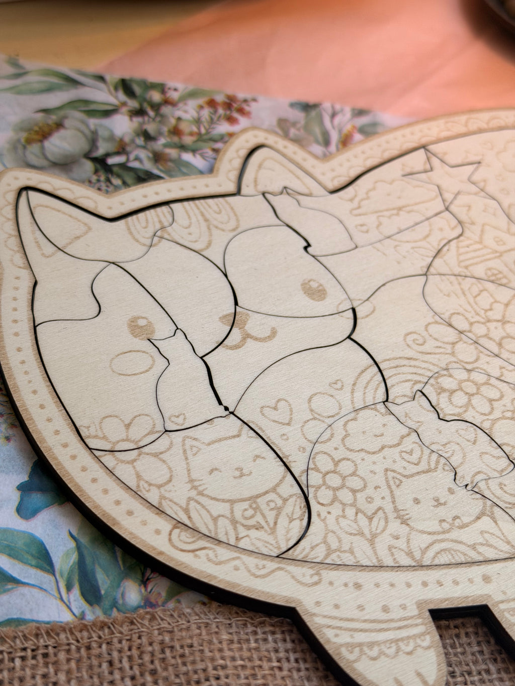 Puzzle Chat en Bois de Tilleul Gravé - Casse-tête Kawaii Décoratif 30 Pièces