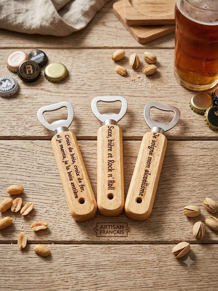 Ouvre-Bouteilles en Bois Gravés – Humour & Convivialité