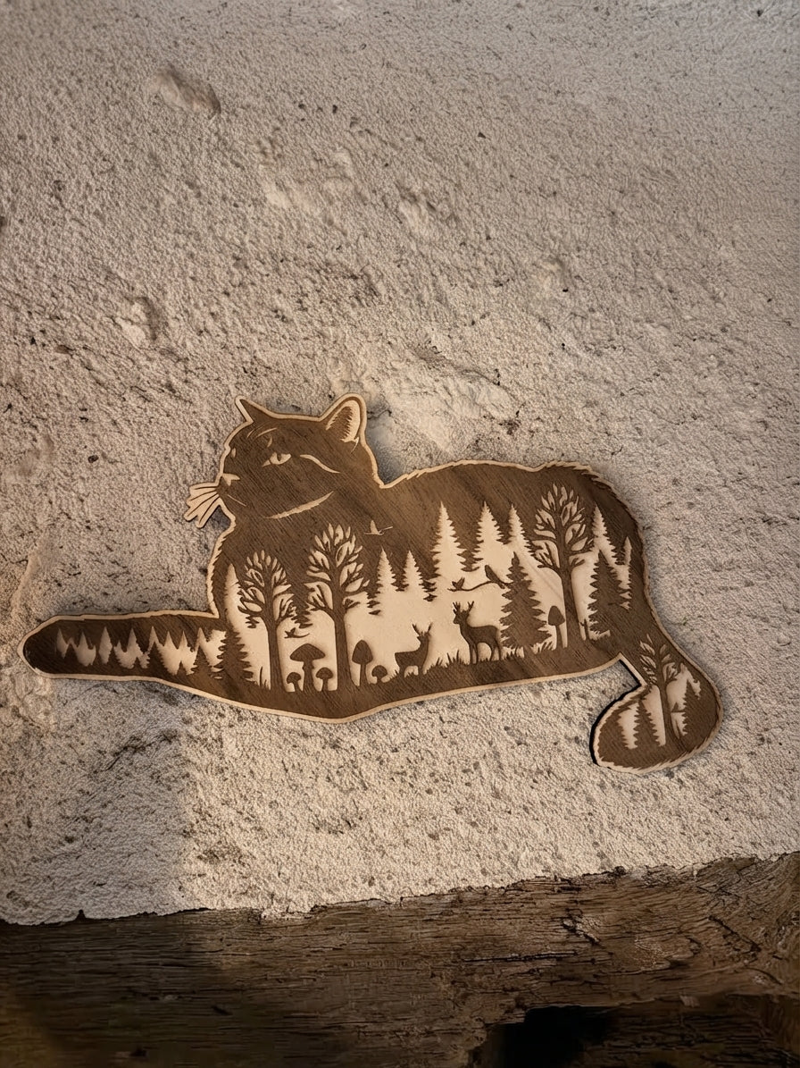 Chat Allongé en Bois de Peuplier Gravé - Décoration Murale Forêt & Cerfs en Double Exposition - Fait Main