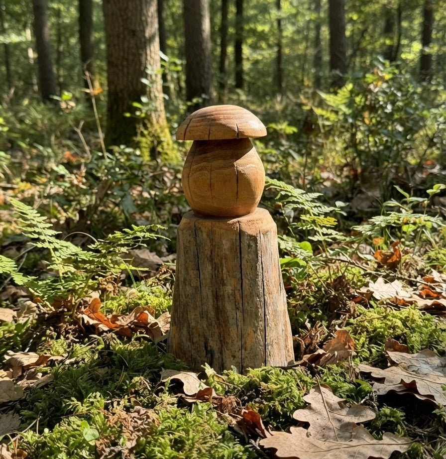 Sculpture "L'Or de l'Acacia" en bois de robinier en forme de champignon, pièce unique en extérieur dans une sous-bois - L'Atelier du Moulin