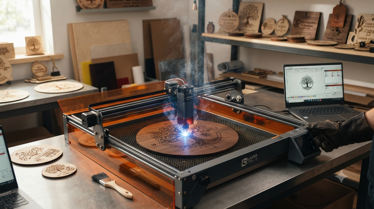 Machine de découpe et gravure laser en action dans l'atelier de L'Atelier du Moulin, entourée de créations en bois gravé