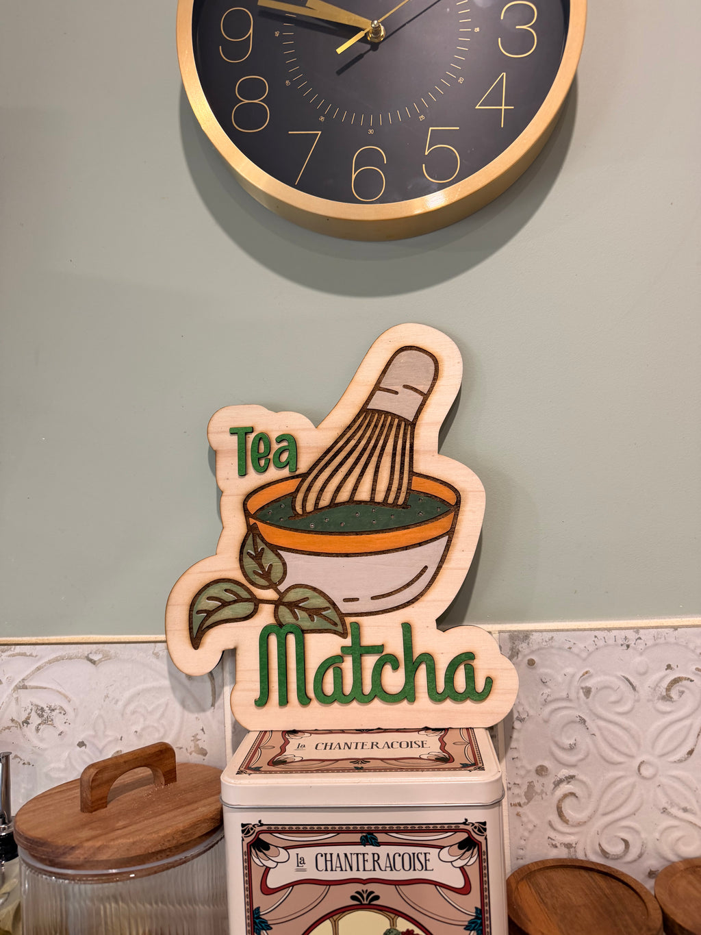 Panneau "Tea Matcha" en Bois Peint à la Main - Déco Cuisine et Thé - Fait Main