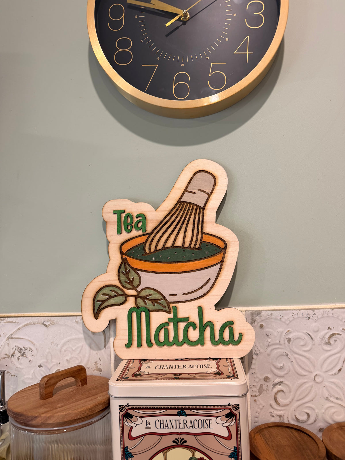 Panneau "Tea Matcha" en Bois Peint à la Main - Déco Cuisine et Thé - Fait Main