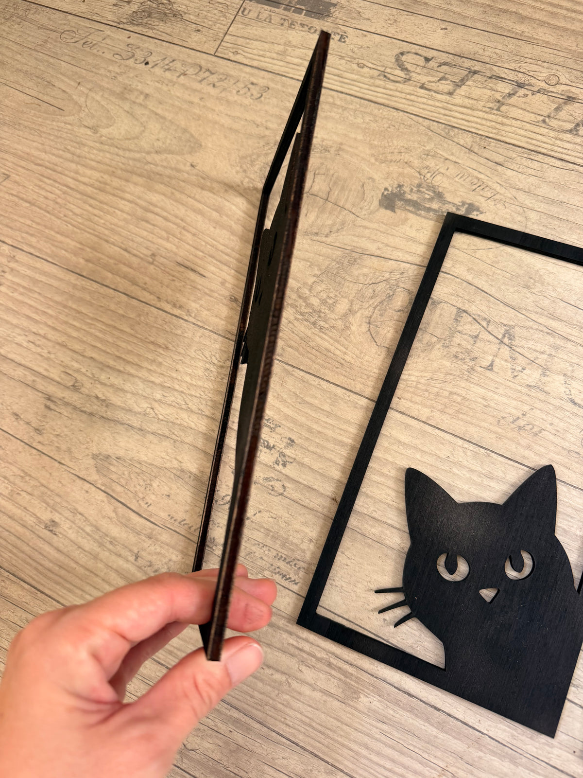 Quadriptyque Chat Noir en Bois de Peuplier Peint - Décoration Murale 4 Panneaux