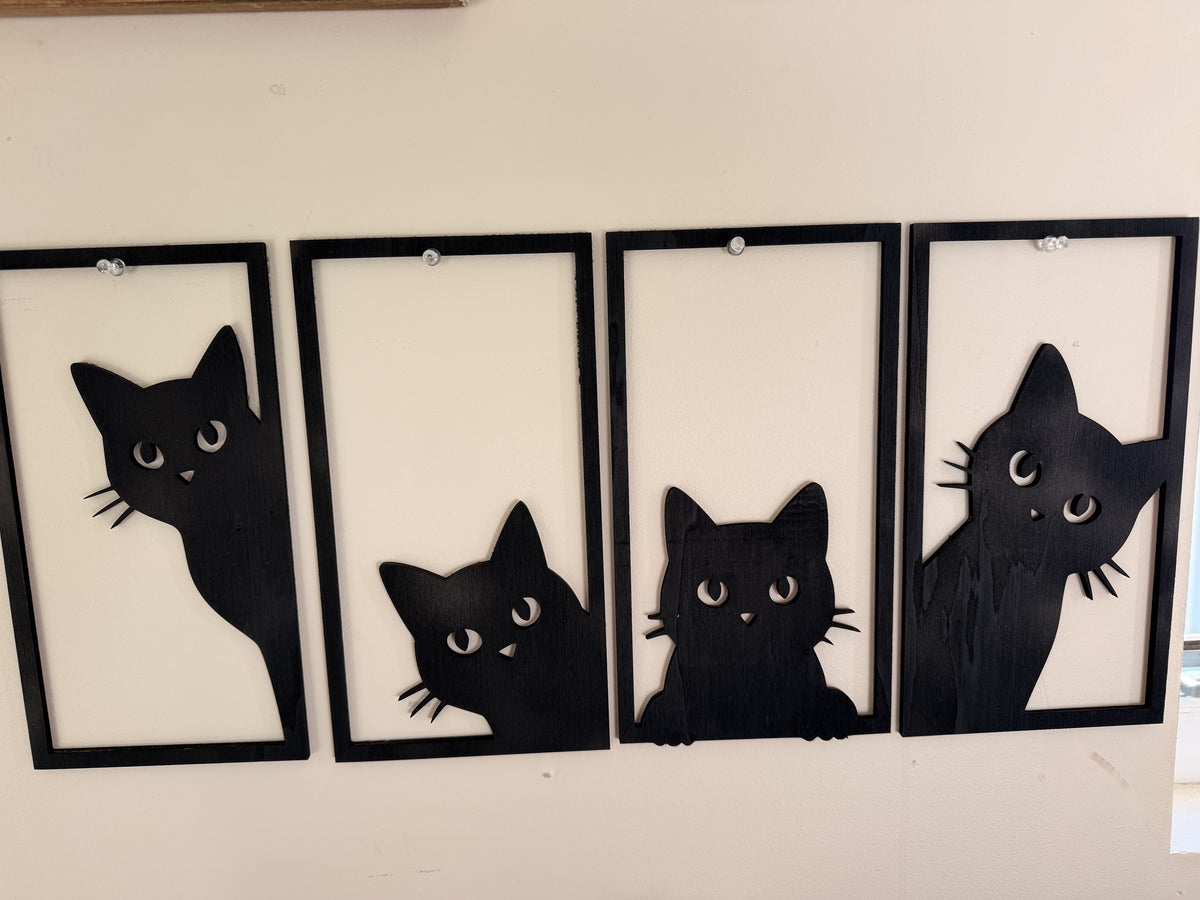 Quadriptyque Chat Noir en Bois de Peuplier Peint - Décoration Murale 4 Panneaux